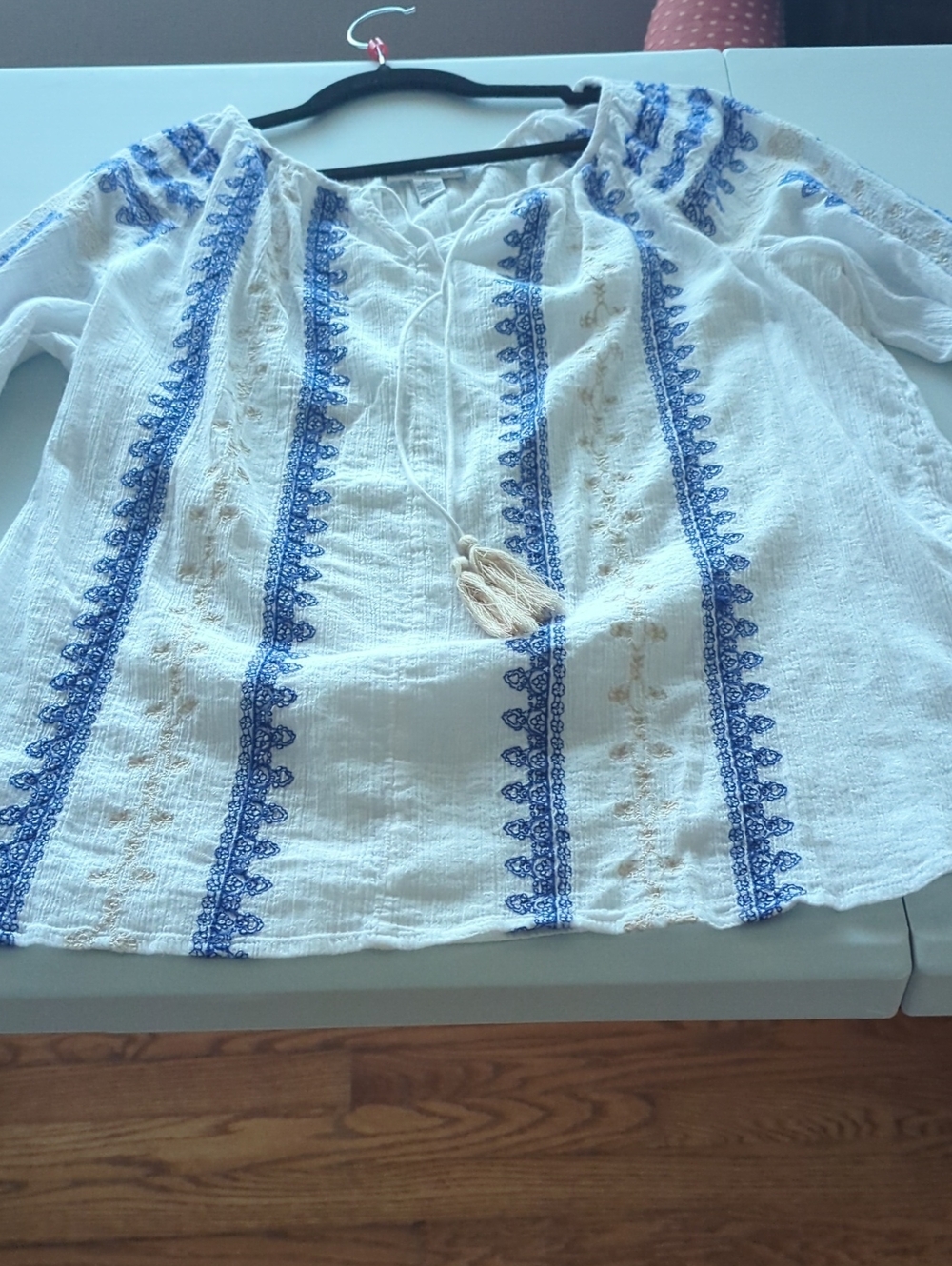 Charter Club White Peasant Tunic with Blue Stripe Embroidery
